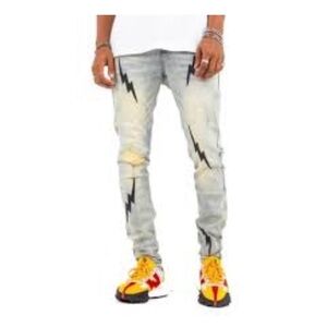 THRT men’s Stylish Light Blue Jeans with Lightning Bolt Design